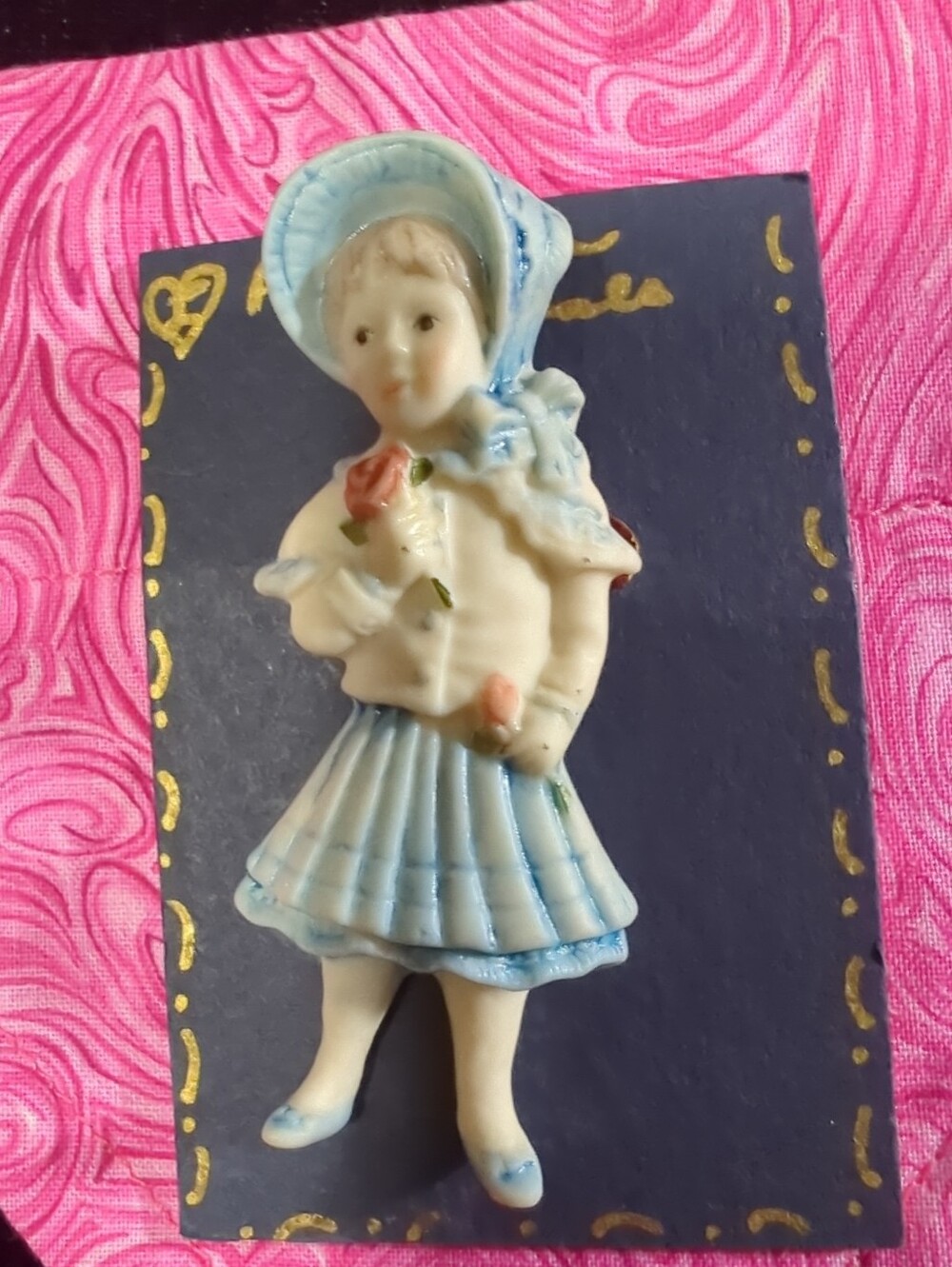 Vintage SIGNED Painted Bisque Porcelain Girl in Bonnet 3D Figural Brooch Pin